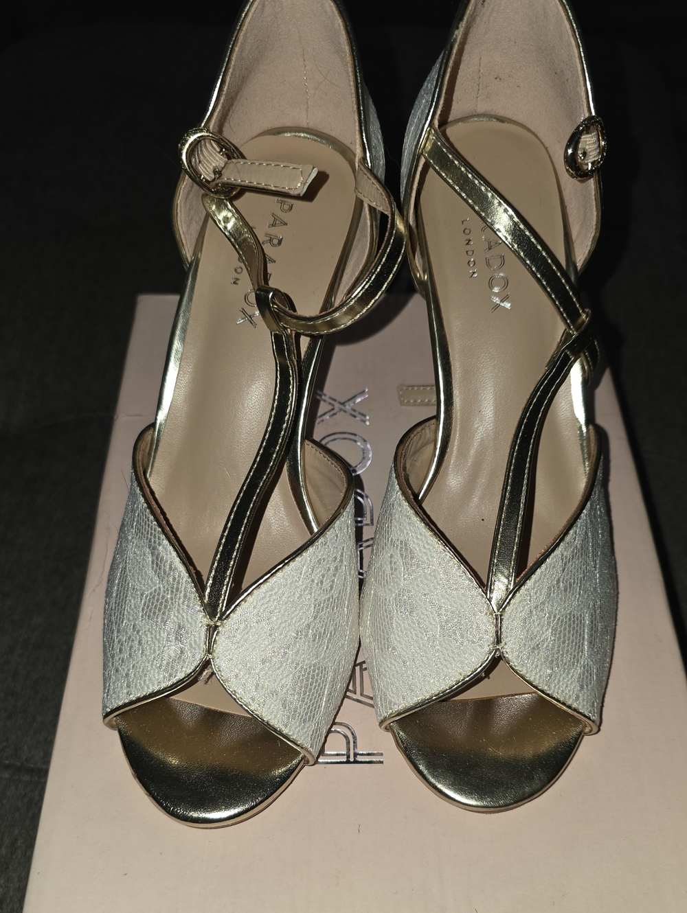 Like New PARADOX QUENTIN Gold and Ivory Satin Lace Peep-Toe Heels